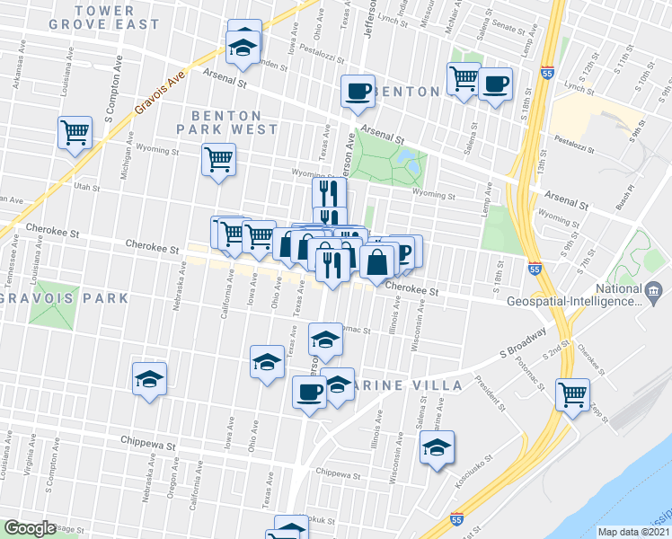 map of restaurants, bars, coffee shops, grocery stores, and more near 3352 South Jefferson Avenue in St. Louis