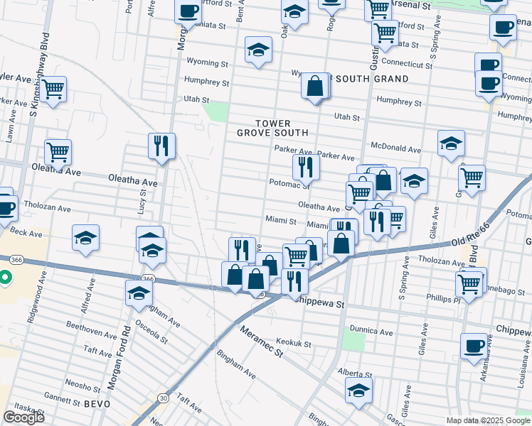 map of restaurants, bars, coffee shops, grocery stores, and more near 3518 Oak Hill Avenue in St. Louis