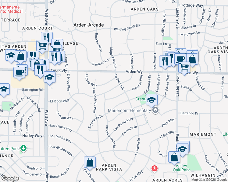 map of restaurants, bars, coffee shops, grocery stores, and more near 3844 El Ricon Way in Sacramento