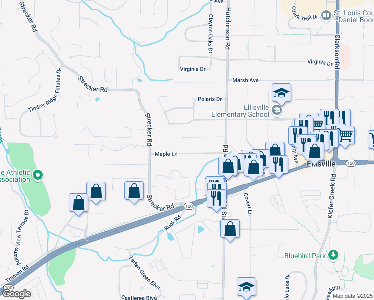 map of restaurants, bars, coffee shops, grocery stores, and more near 1537 Maple Lane in Ellisville