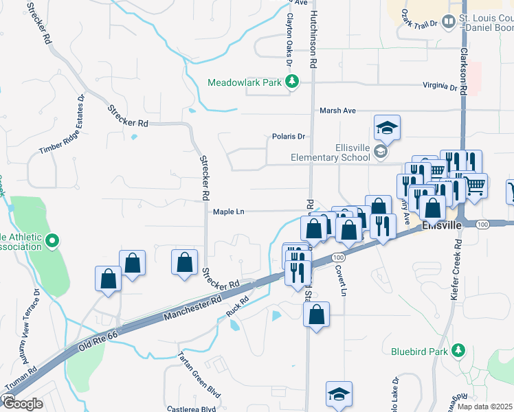 map of restaurants, bars, coffee shops, grocery stores, and more near 1537 Maple Lane in Ellisville