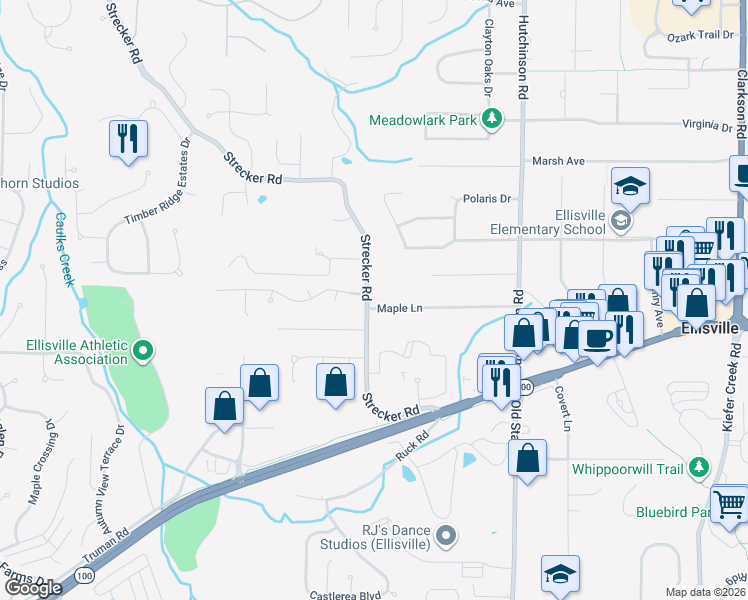 map of restaurants, bars, coffee shops, grocery stores, and more near 67 Strecker Road in Ellisville