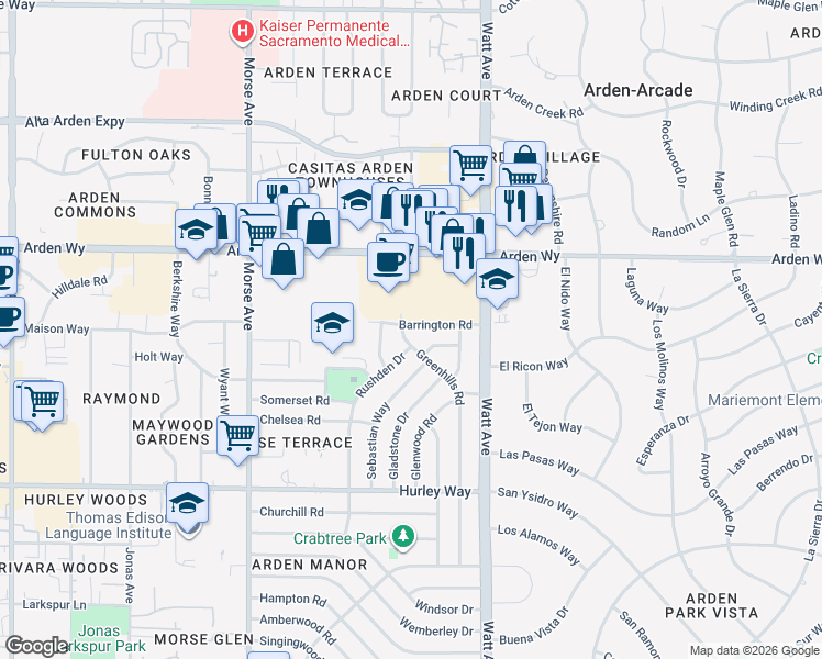 map of restaurants, bars, coffee shops, grocery stores, and more near 1550 Greenhills Road in Sacramento