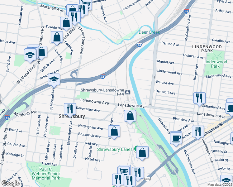 map of restaurants, bars, coffee shops, grocery stores, and more near 7267 Sutherland Avenue in St. Louis