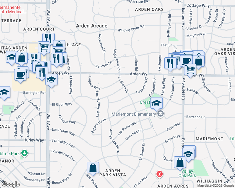 map of restaurants, bars, coffee shops, grocery stores, and more near 3844 El Ricon Way in Sacramento