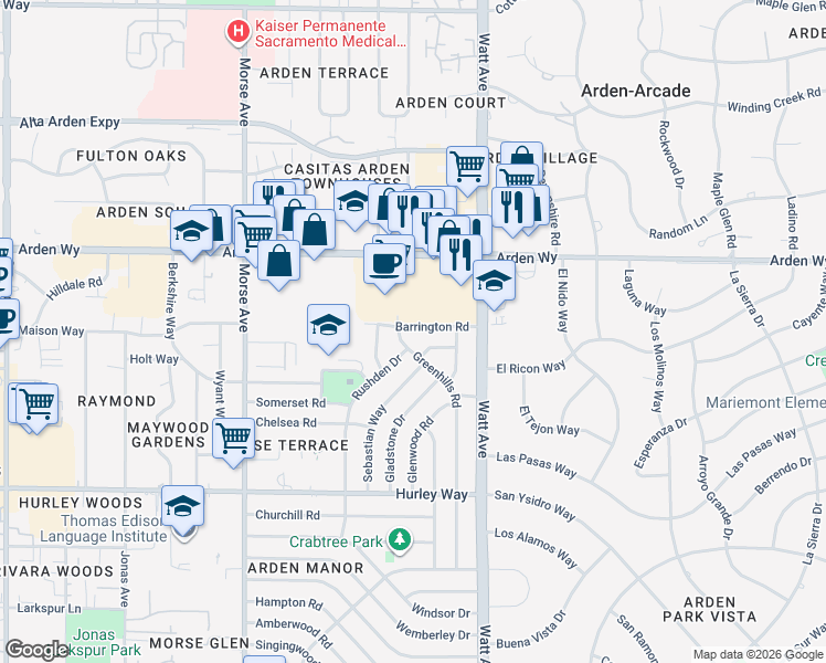 map of restaurants, bars, coffee shops, grocery stores, and more near 1550 Greenhills Road in Sacramento