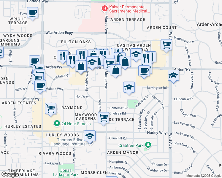 map of restaurants, bars, coffee shops, grocery stores, and more near 1580 Morse Avenue in Sacramento