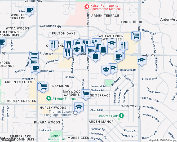 map of restaurants, bars, coffee shops, grocery stores, and more near 1580 Morse Avenue in Sacramento