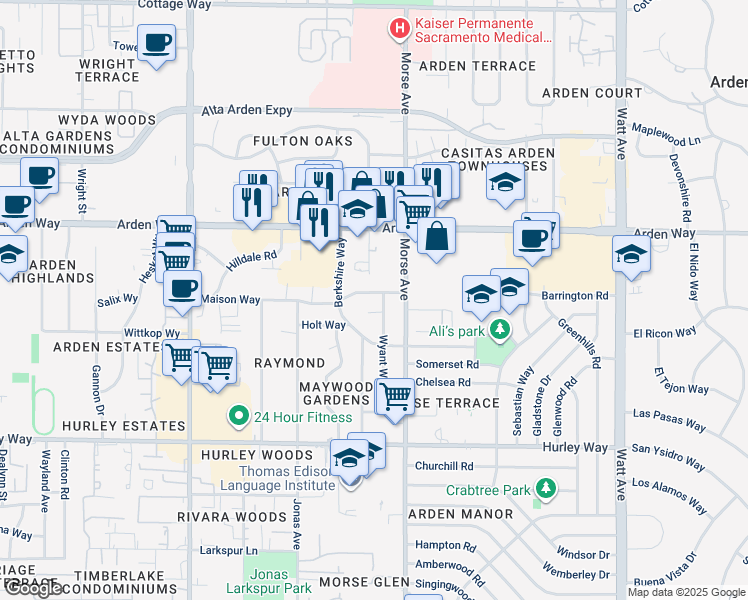 map of restaurants, bars, coffee shops, grocery stores, and more near 1531 Wyant Way in Sacramento
