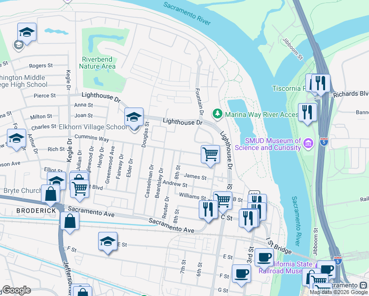 map of restaurants, bars, coffee shops, grocery stores, and more near 540 Newton Way in West Sacramento