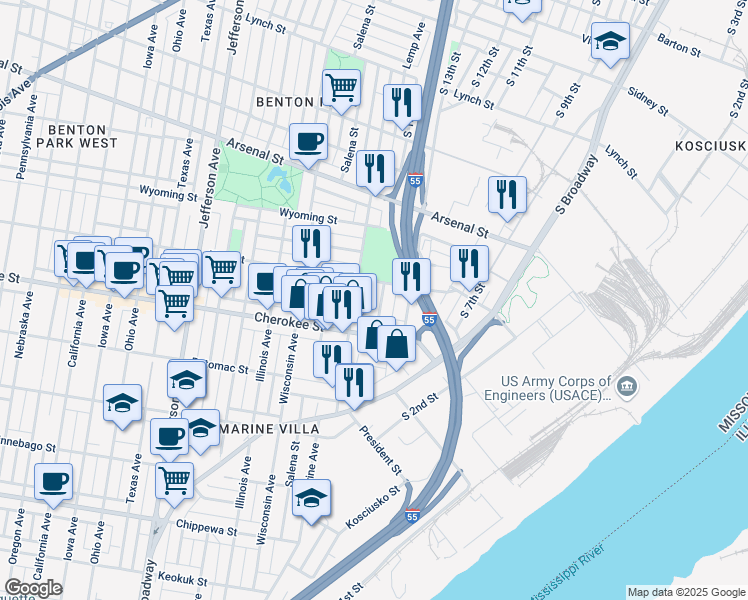 map of restaurants, bars, coffee shops, grocery stores, and more near 3319 South 18th Street in St. Louis