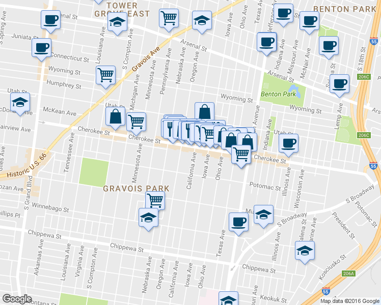 map of restaurants, bars, coffee shops, grocery stores, and more near 3412 Oregon Avenue in St. Louis