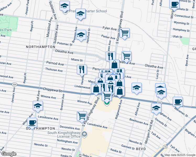 map of restaurants, bars, coffee shops, grocery stores, and more near 3632 Lawn Avenue in St. Louis