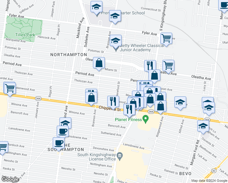 map of restaurants, bars, coffee shops, grocery stores, and more near 4997 Mardel Avenue in St. Louis