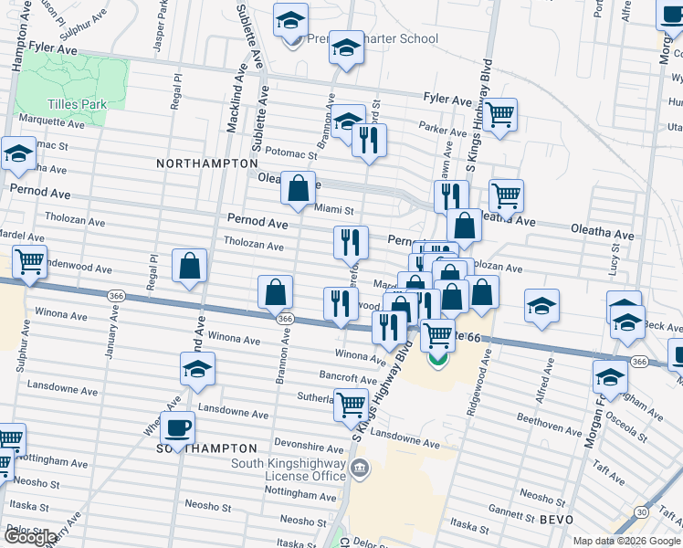 map of restaurants, bars, coffee shops, grocery stores, and more near 5033 Mardel Avenue in St. Louis