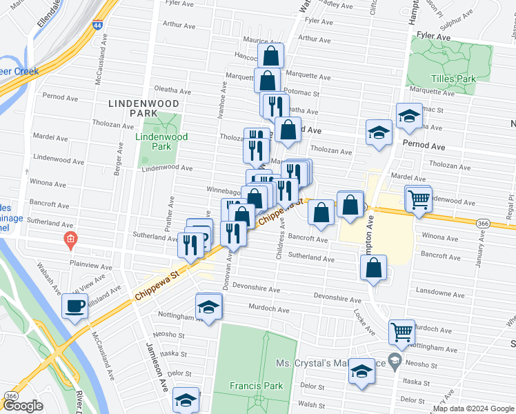 map of restaurants, bars, coffee shops, grocery stores, and more near 4204 Watson Road in St. Louis