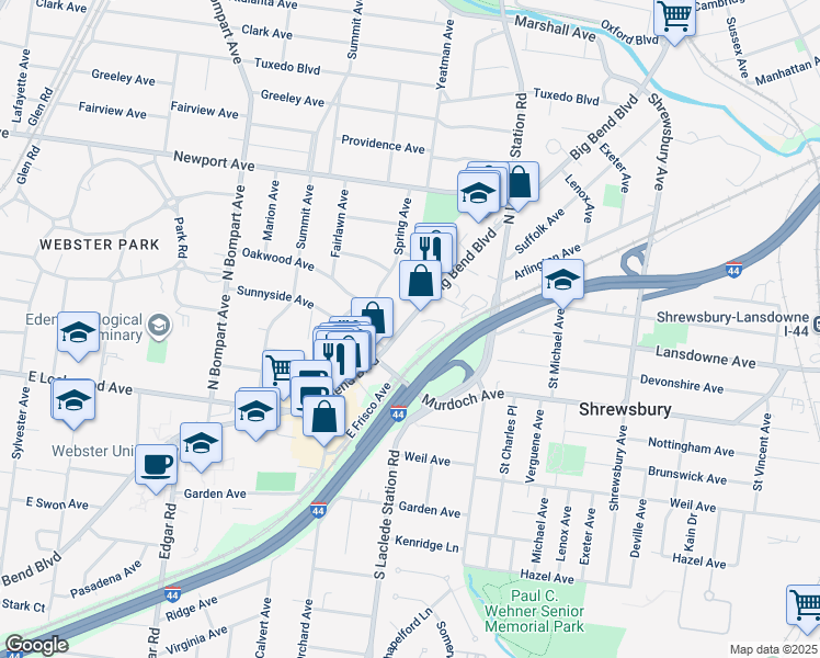 map of restaurants, bars, coffee shops, grocery stores, and more near 7976 Big Bend Boulevard in Webster Groves