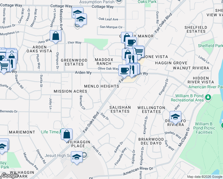 map of restaurants, bars, coffee shops, grocery stores, and more near 5009 Fair Oaks Boulevard in Carmichael