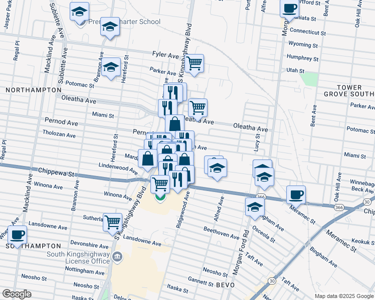 map of restaurants, bars, coffee shops, grocery stores, and more near 4552 Tholozan Avenue in St. Louis