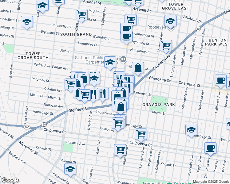 map of restaurants, bars, coffee shops, grocery stores, and more near 3510 Grace Avenue in St. Louis