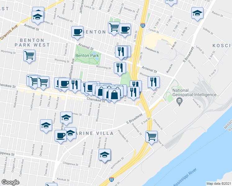 map of restaurants, bars, coffee shops, grocery stores, and more near 3319 Lemp Avenue in St. Louis