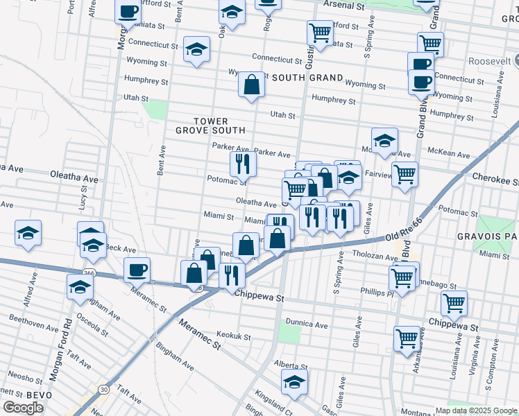 map of restaurants, bars, coffee shops, grocery stores, and more near 3532 Roger Place in St. Louis