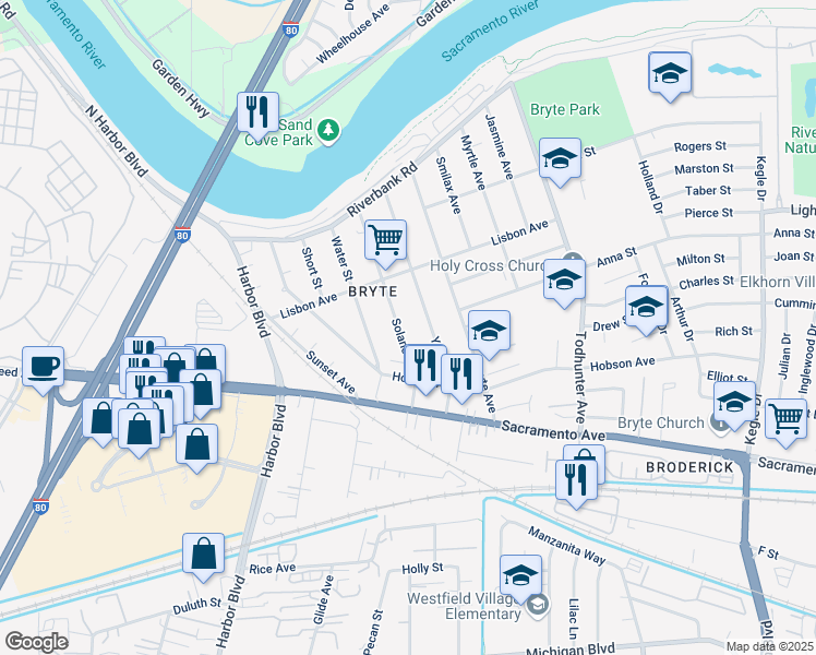 map of restaurants, bars, coffee shops, grocery stores, and more near 745 Solano Street in West Sacramento