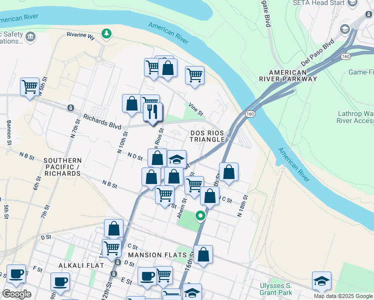 map of restaurants, bars, coffee shops, grocery stores, and more near 421 Eliza Street in Sacramento