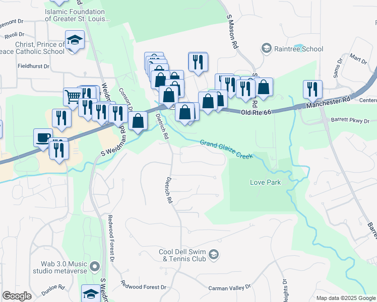 map of restaurants, bars, coffee shops, grocery stores, and more near 13948 Reflection Drive in Ballwin