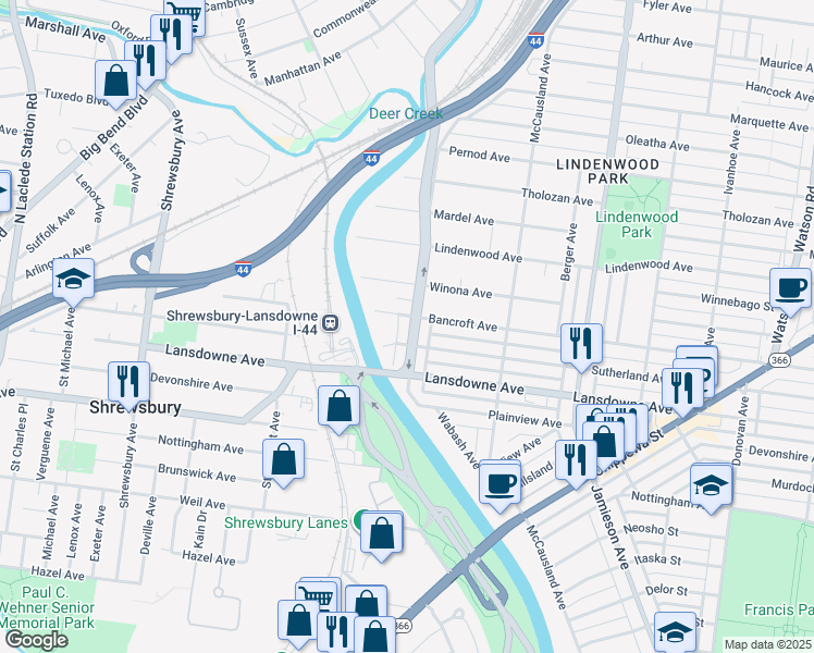 map of restaurants, bars, coffee shops, grocery stores, and more near 4309 Wabash Avenue in St. Louis