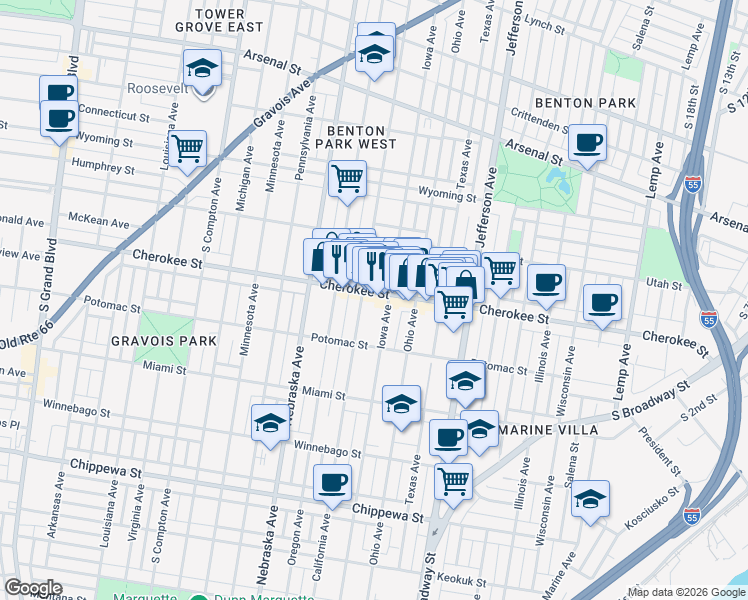 map of restaurants, bars, coffee shops, grocery stores, and more near 2742-2744 Cherokee Street in St. Louis