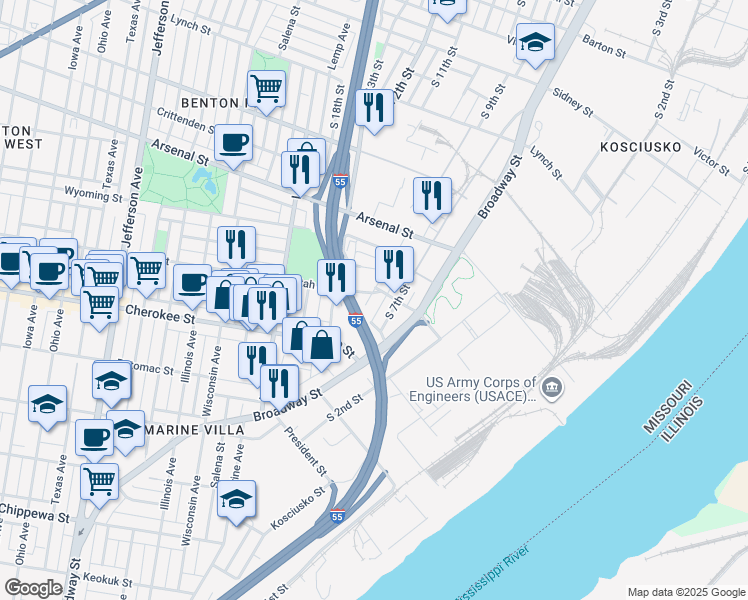 map of restaurants, bars, coffee shops, grocery stores, and more near 3312 South 9th Street in St. Louis