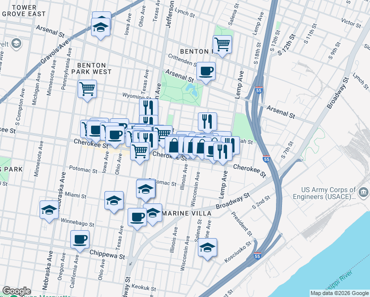 map of restaurants, bars, coffee shops, grocery stores, and more near 3339 Illinois Avenue in St. Louis