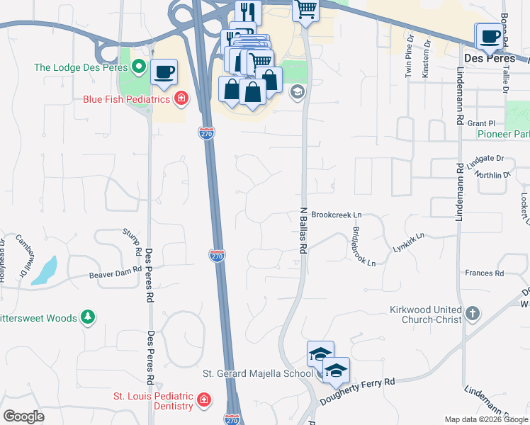 map of restaurants, bars, coffee shops, grocery stores, and more near 12173 Bent Brook Road in St. Louis