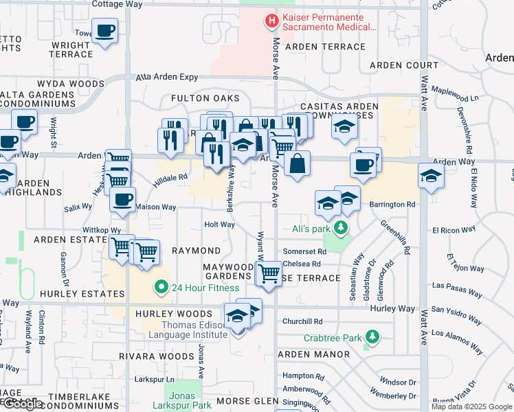 map of restaurants, bars, coffee shops, grocery stores, and more near 1531 Wyant Way in Sacramento