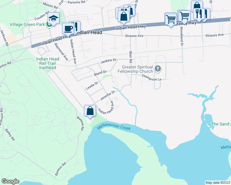 map of restaurants, bars, coffee shops, grocery stores, and more near 210 Jennifer Drive in Indian Head
