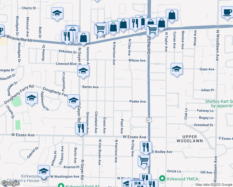 map of restaurants, bars, coffee shops, grocery stores, and more near 822 North Harrison Avenue in Kirkwood
