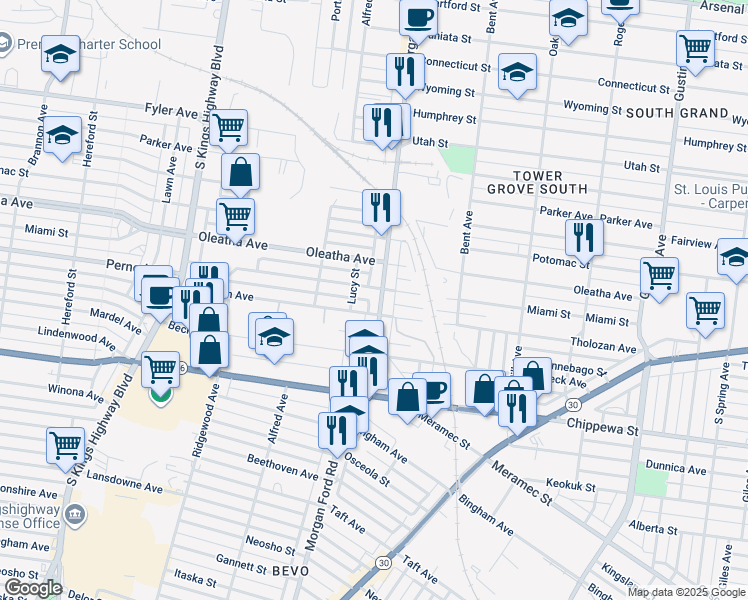 map of restaurants, bars, coffee shops, grocery stores, and more near 3541 Morganford Road in St. Louis