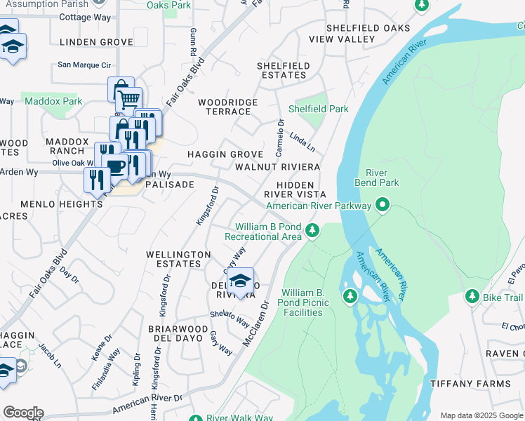 map of restaurants, bars, coffee shops, grocery stores, and more near 5500 Arden Way in Carmichael