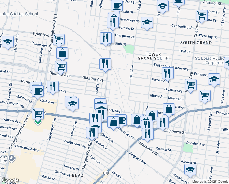 map of restaurants, bars, coffee shops, grocery stores, and more near 4256 Miami Street in St. Louis