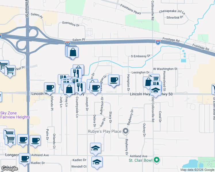 map of restaurants, bars, coffee shops, grocery stores, and more near 6 Hyde Park Road in Fairview Heights