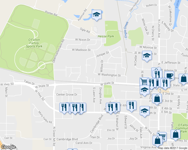 map of restaurants, bars, coffee shops, grocery stores, and more near 709 West Washington Street in O'Fallon
