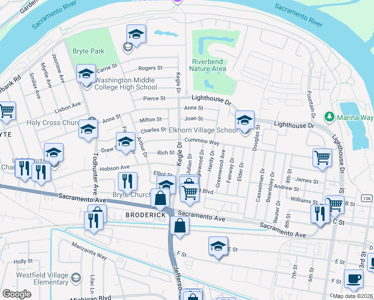 map of restaurants, bars, coffee shops, grocery stores, and more near 716 Julian Dr in West Sacramento
