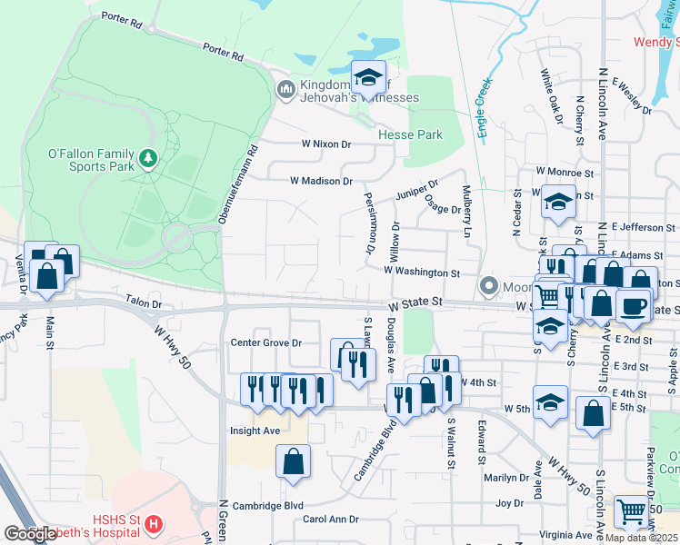 map of restaurants, bars, coffee shops, grocery stores, and more near 915 Juniper Drive in O'Fallon