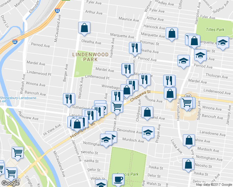 map of restaurants, bars, coffee shops, grocery stores, and more near 6533 Winona Avenue in St. Louis