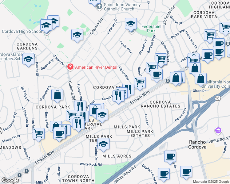 map of restaurants, bars, coffee shops, grocery stores, and more near 10526 Saltana Way in Rancho Cordova