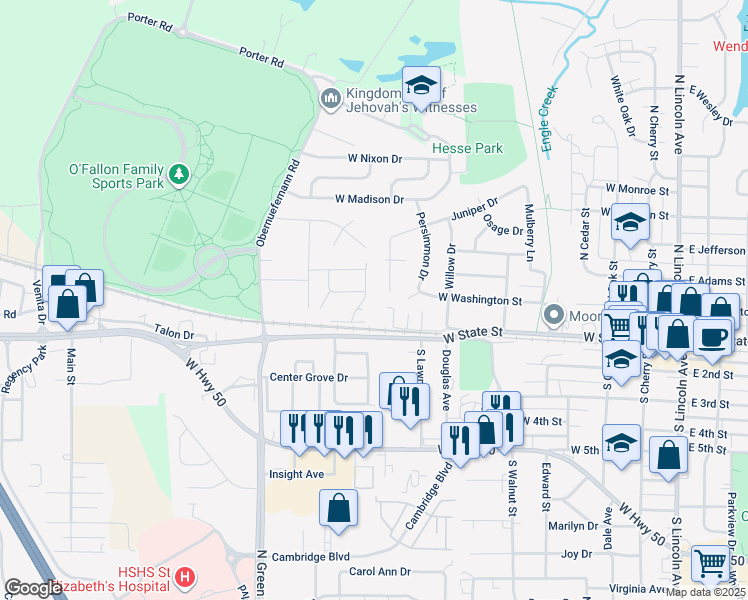 map of restaurants, bars, coffee shops, grocery stores, and more near 915 Juniper Drive in O'Fallon