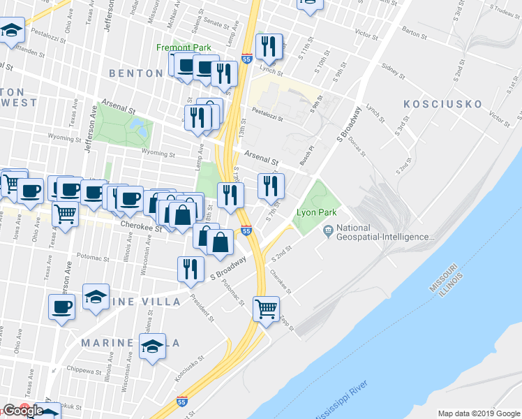 map of restaurants, bars, coffee shops, grocery stores, and more near 3312 South 9th Street in St. Louis