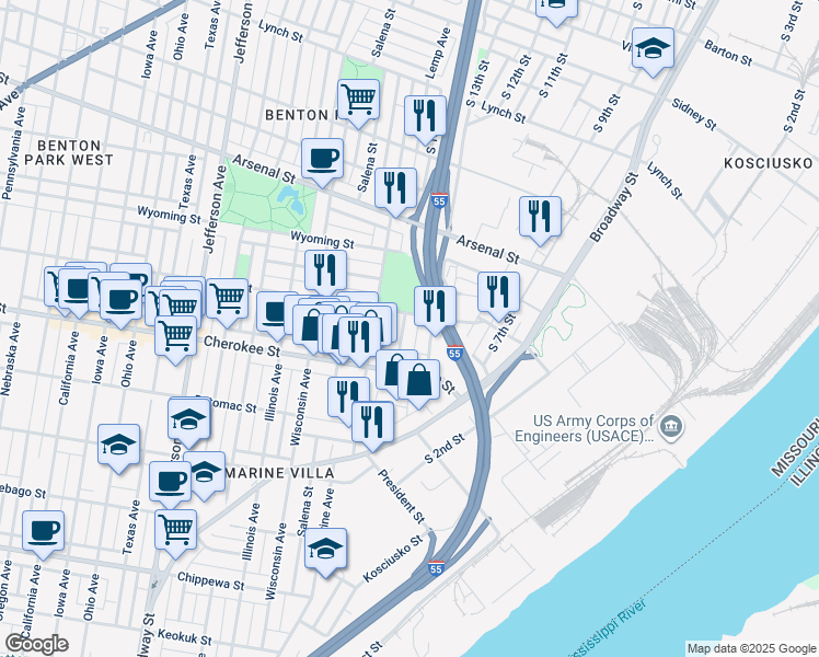 map of restaurants, bars, coffee shops, grocery stores, and more near 3319 South 18th Street in St. Louis