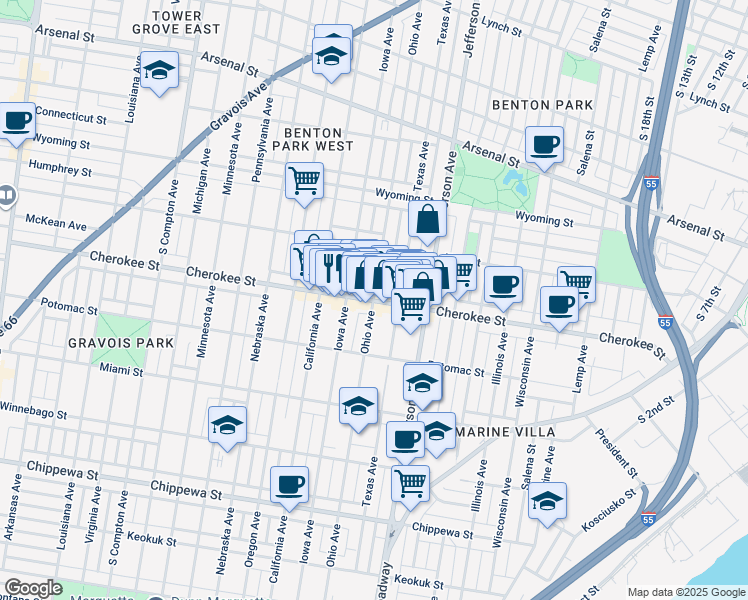 map of restaurants, bars, coffee shops, grocery stores, and more near 2720 Cherokee Street in St. Louis